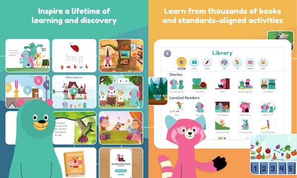 Screenshots of the Khan Academy Kids iPad app with colorful videos and lessons.