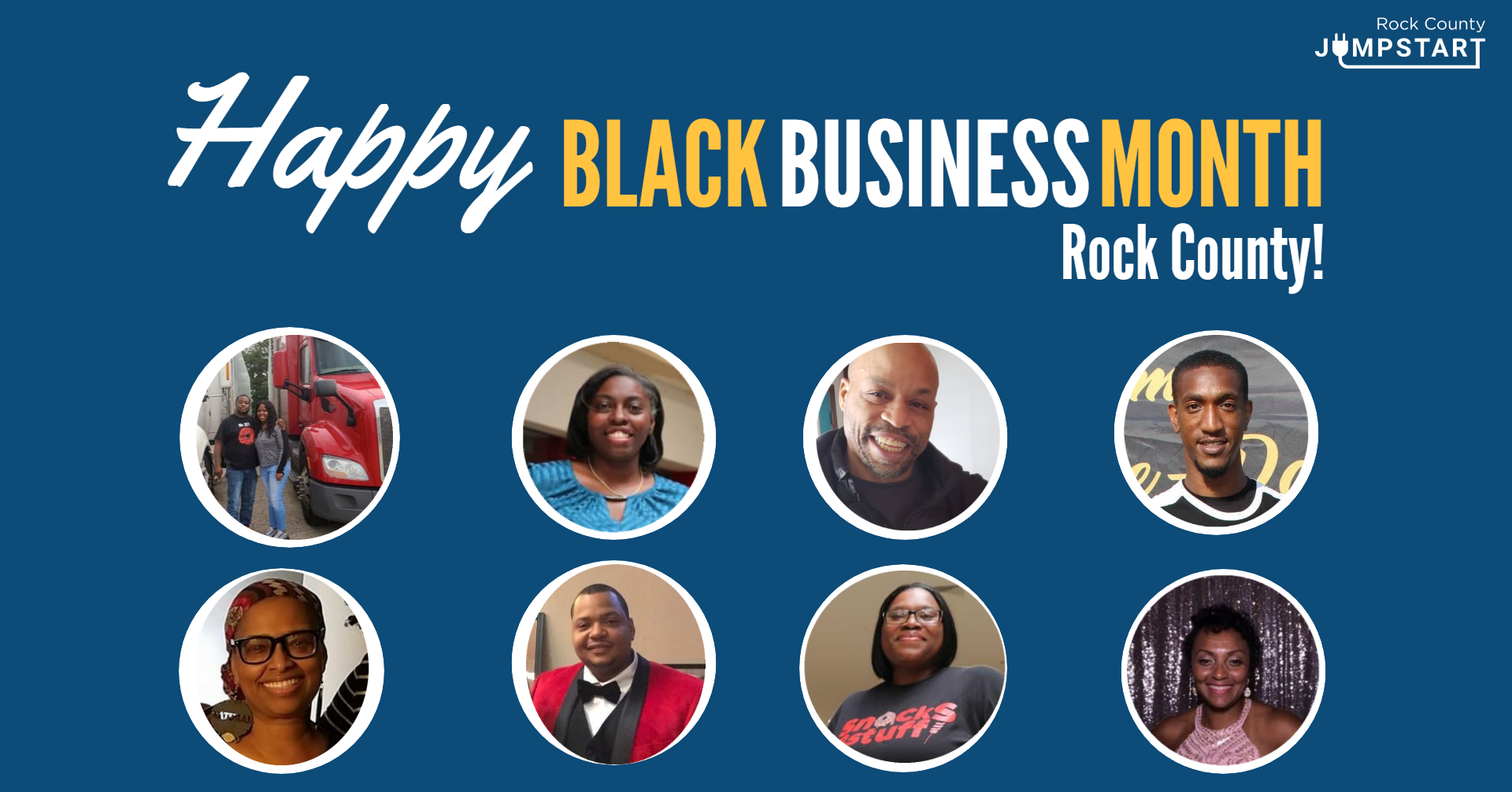Headshots of nine business owners in Rock County, WI with the message, “Happy Black Business Month Rock County!” above.