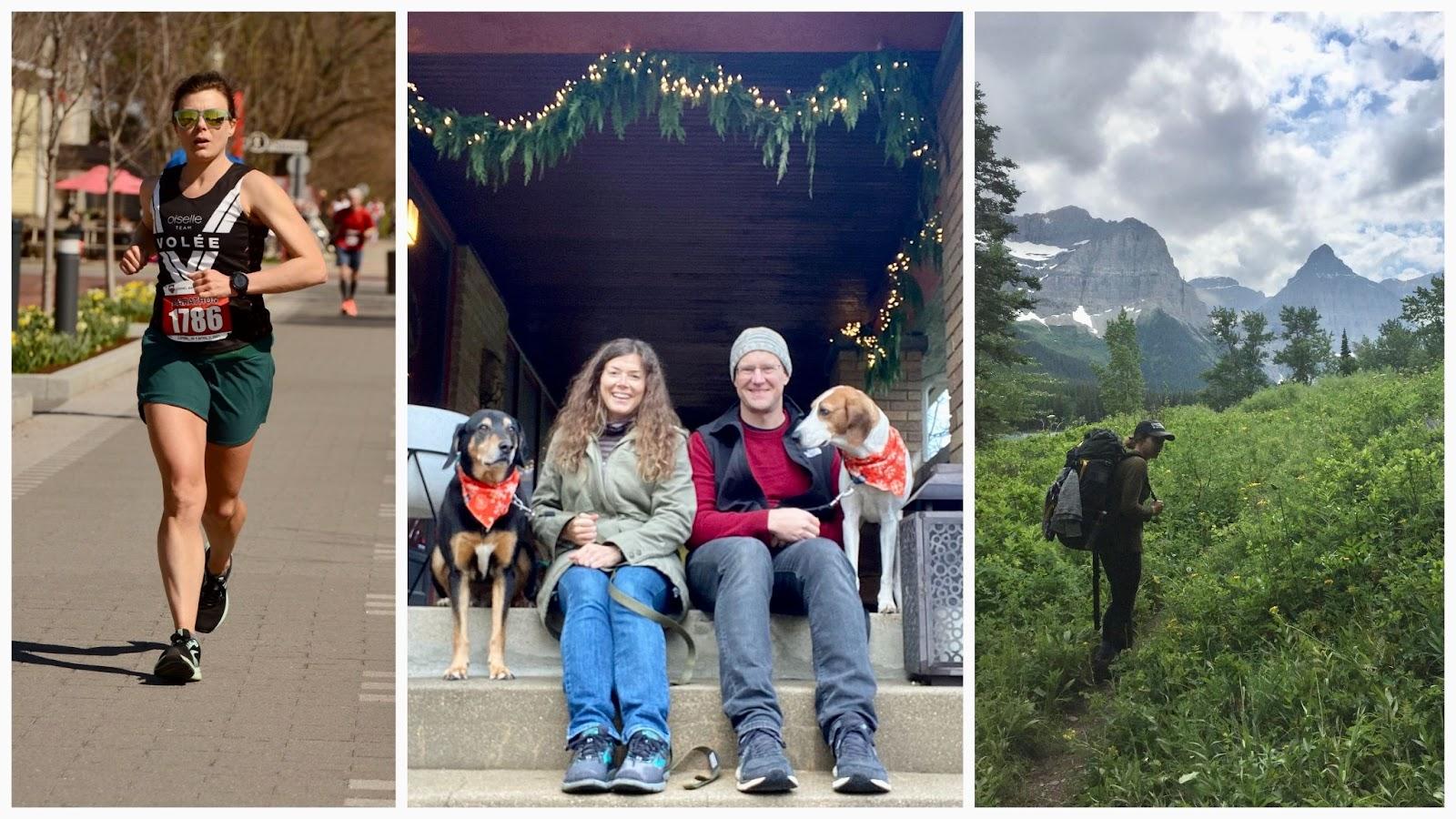 A collage of photos with Sara running, hiking, and spending time with family.