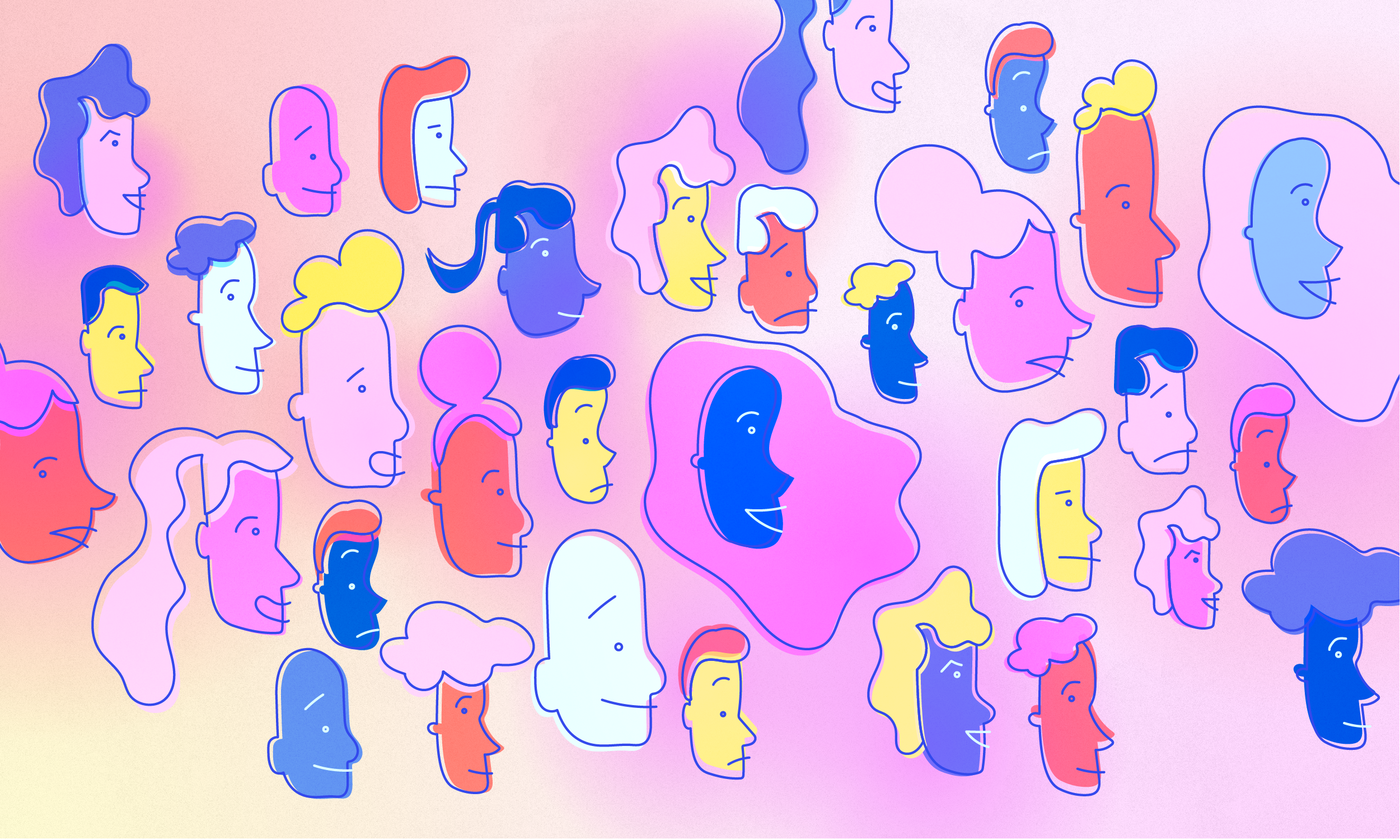 An illustration of faces in tones of blue and pink representing different emotions. 