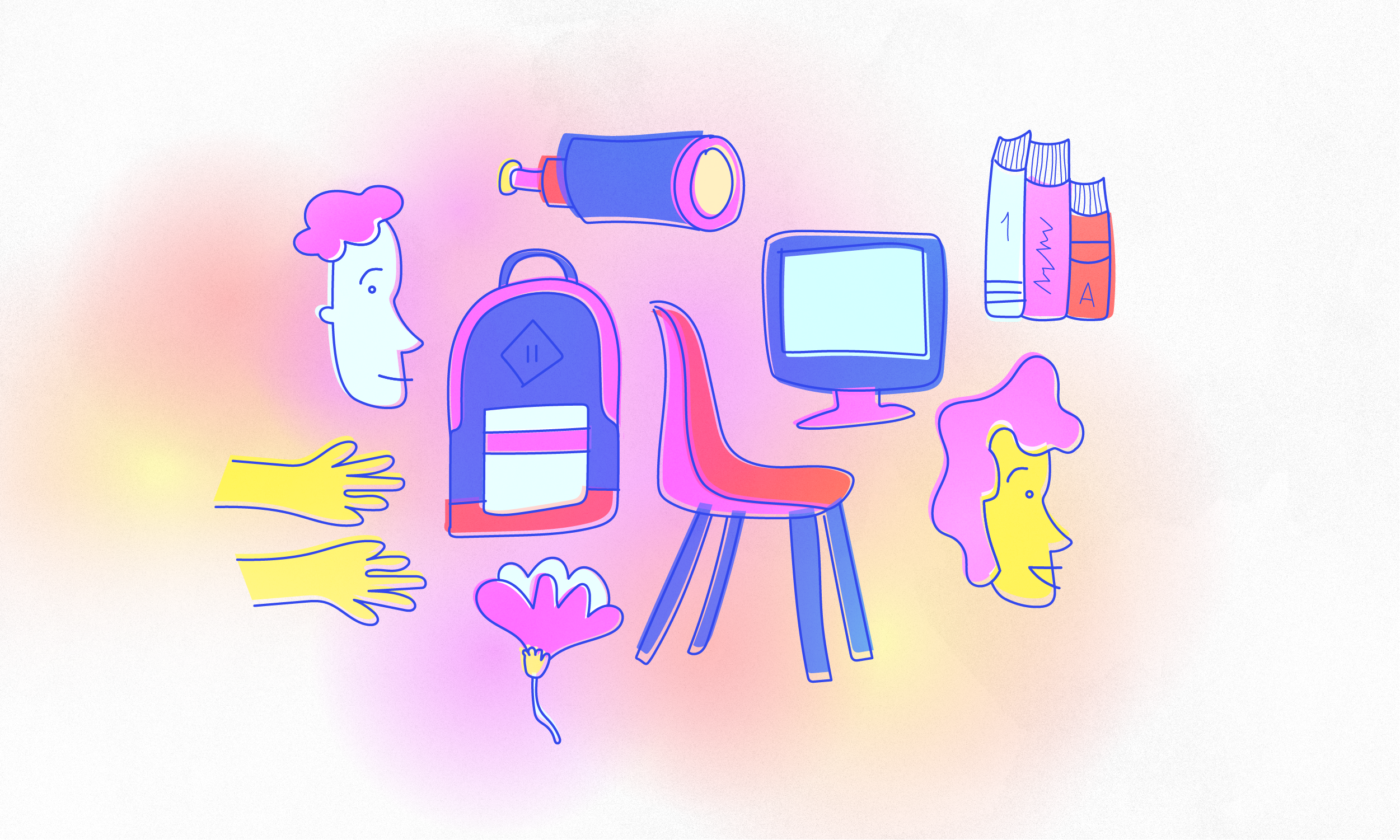 An illustration of a chair, backpack, computer, books and faces.