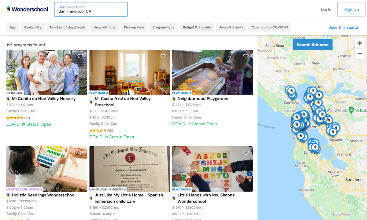 Wonderschool.com showing search results for child care providers in San Francisco, CA. 