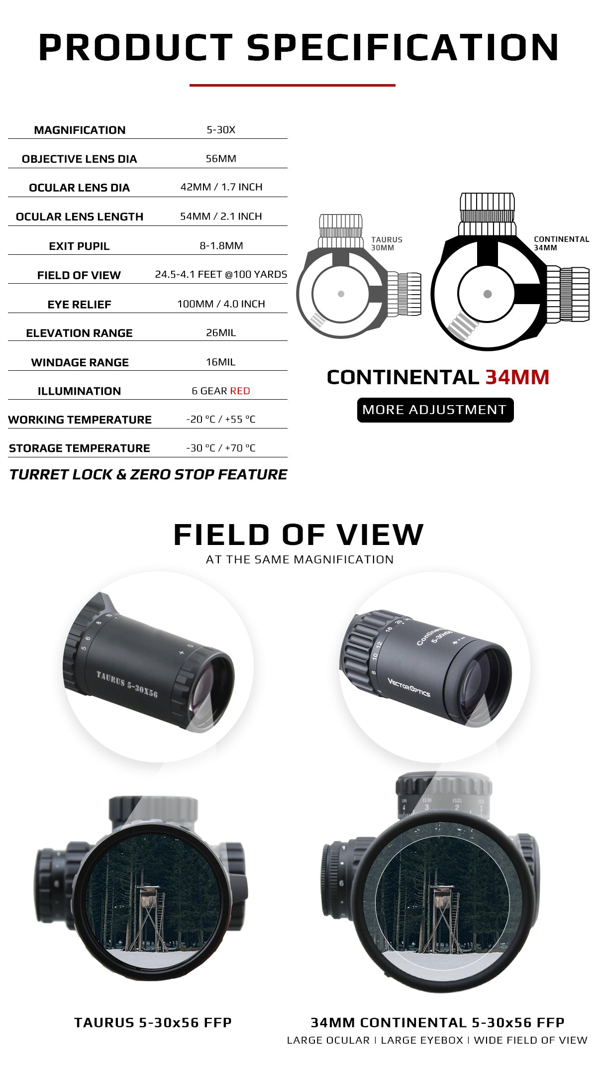 Lunette de visée Vector Optics Continental Ranging 5-30x56 FFP 34 mm