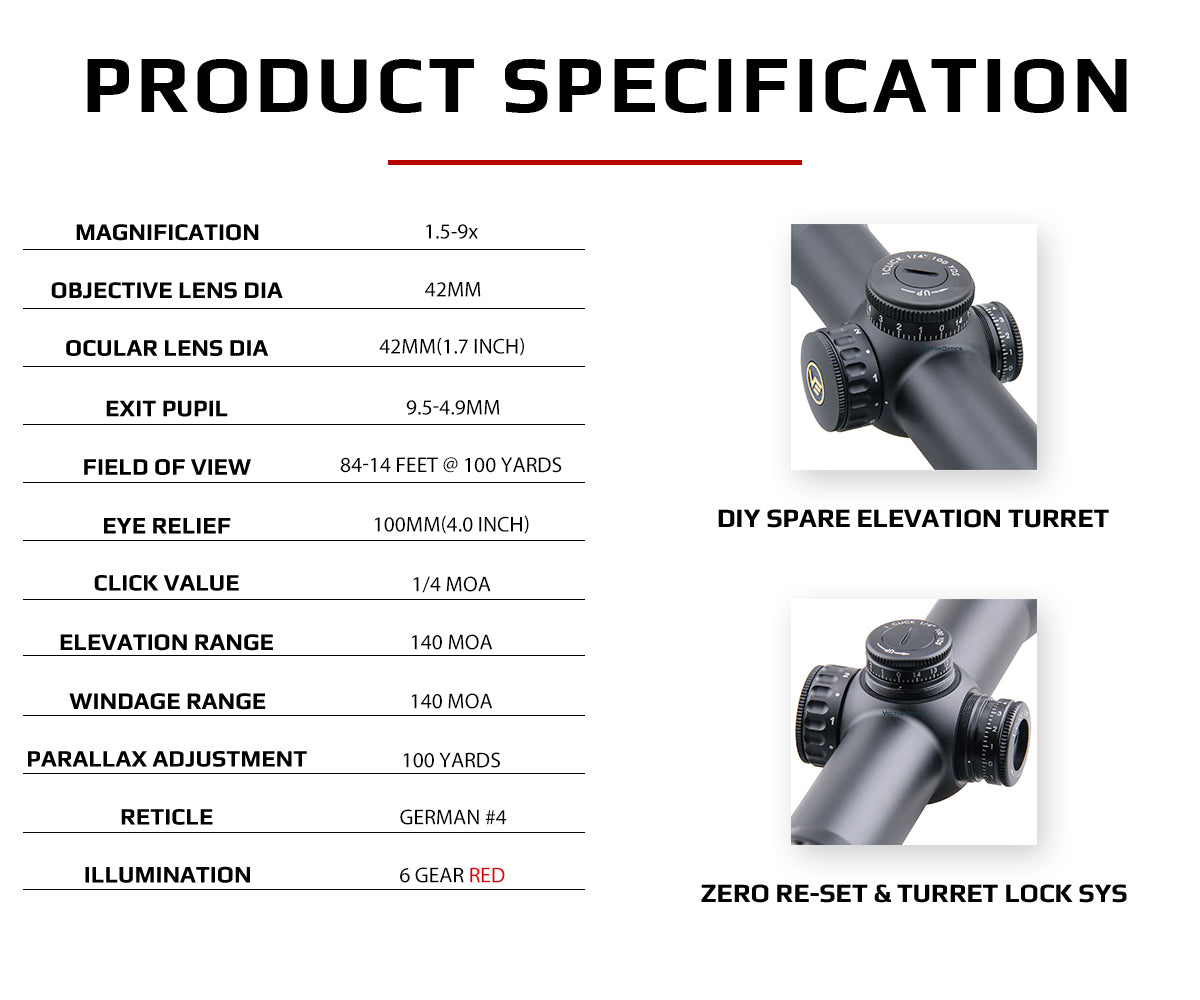 Continental 1.5-9x42 SFP Riflescope For Hunting Specification