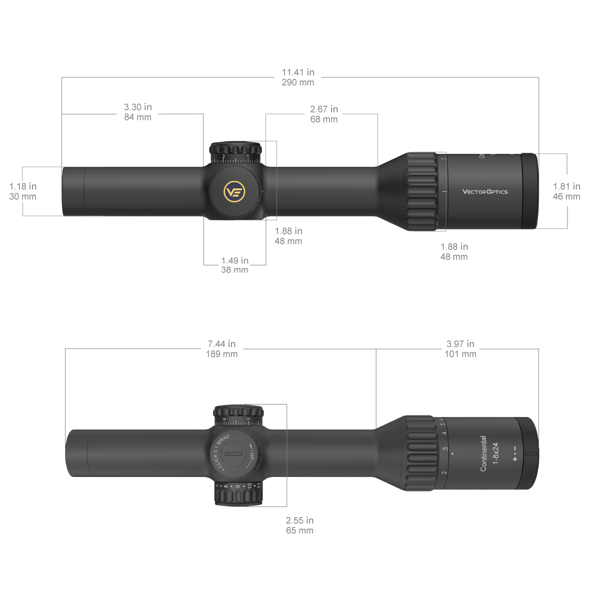 Continental x8 1-8x24i ED Fiber Tactical Riflescope size