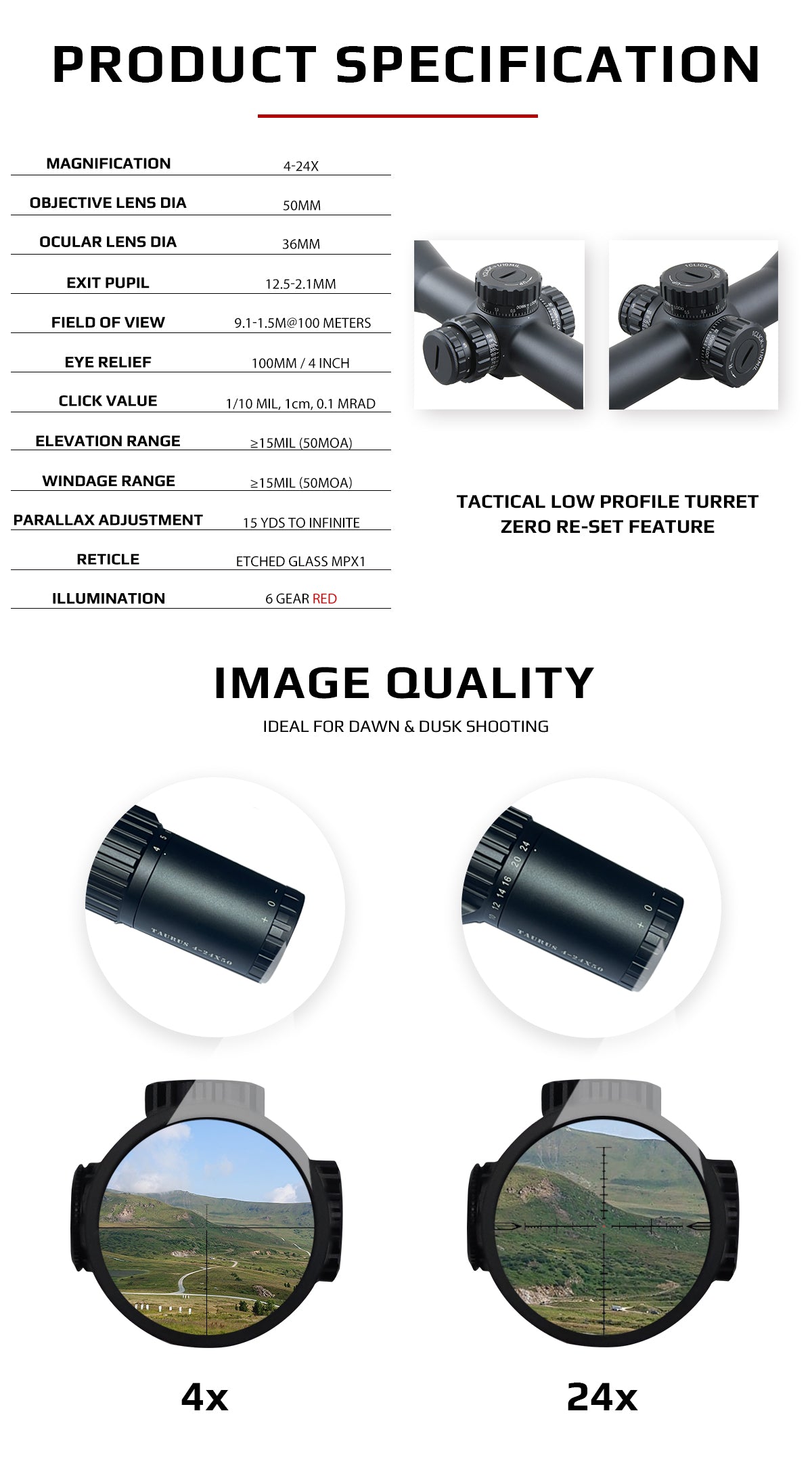 Taurus 4-24x50FFP Riflescope Product Specification