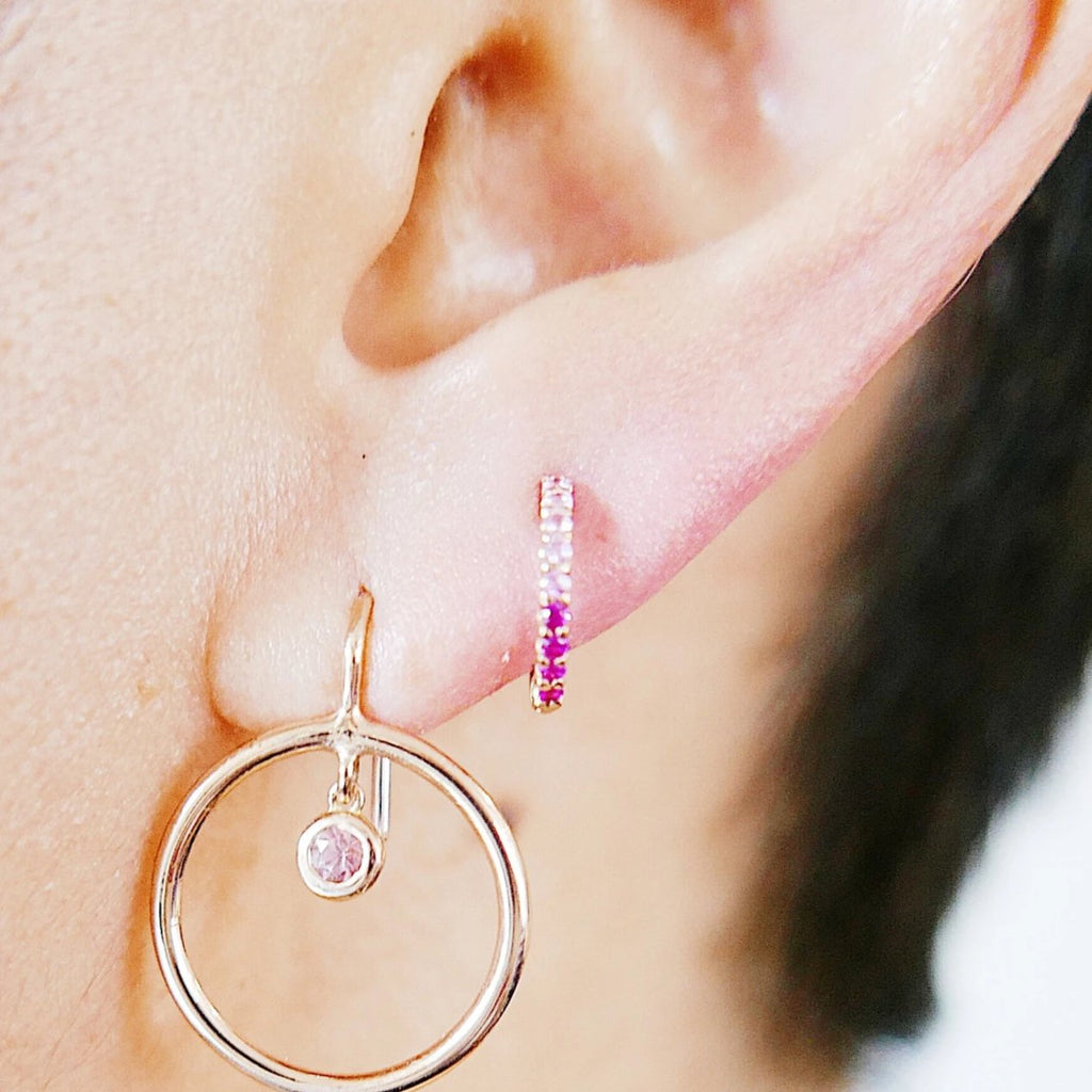 Mini Bi-Color Hoop Earring, Pink Sapphire and Ruby Hoop Earring, Pink Hoop Earring, Bi-Color Hoop Earring, Two Tone Pink Hoop Earring