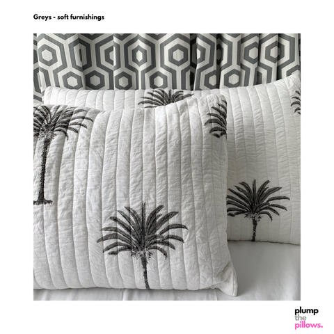 palm tree pillowcases and grey greek key curtains window treatments soft furnishings