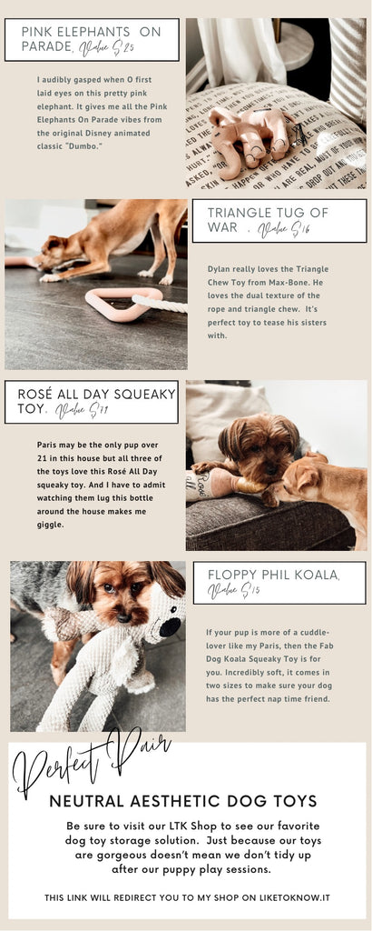 4 neutral color pet toys for dog moms. A gray koala squeaky toy, a triangle shaped chew toy, a pink mimosa squeaky pet toy and a pink elephant plushy pet toy. 