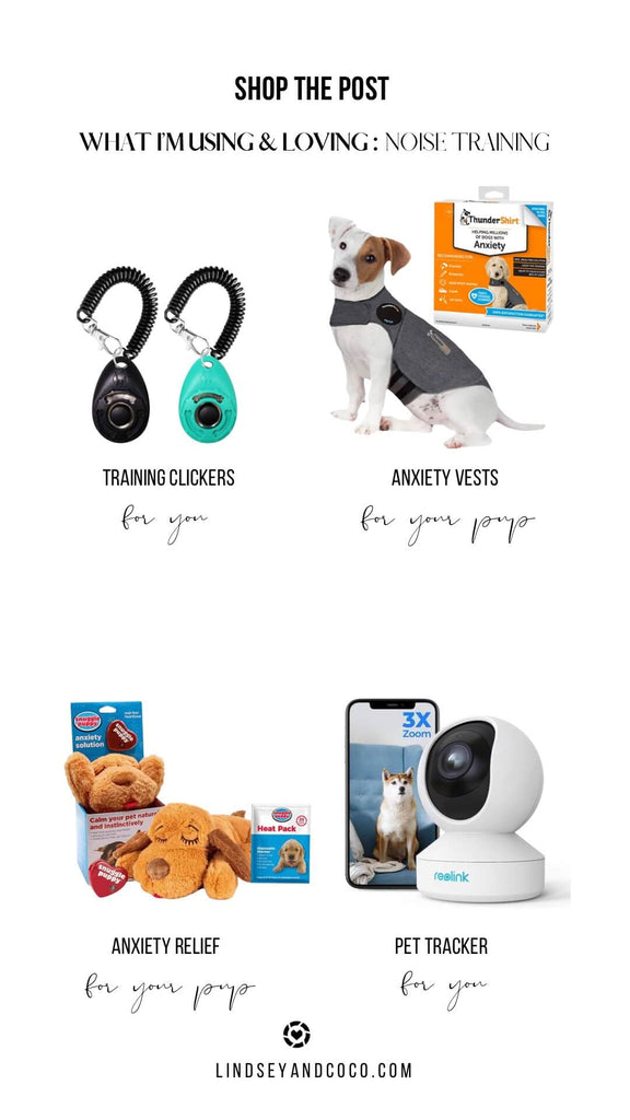 Collage of dog noise training accessories.  Dog clicker training tools, thunder shirts, hot water bottle plushy for dog anxiety and remote pet web camera