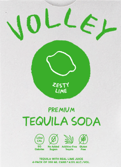 Label of Volley Zesty Lime Premium Tequila Soda. Low calorie, no added sugars, additive-free, gluten-free.