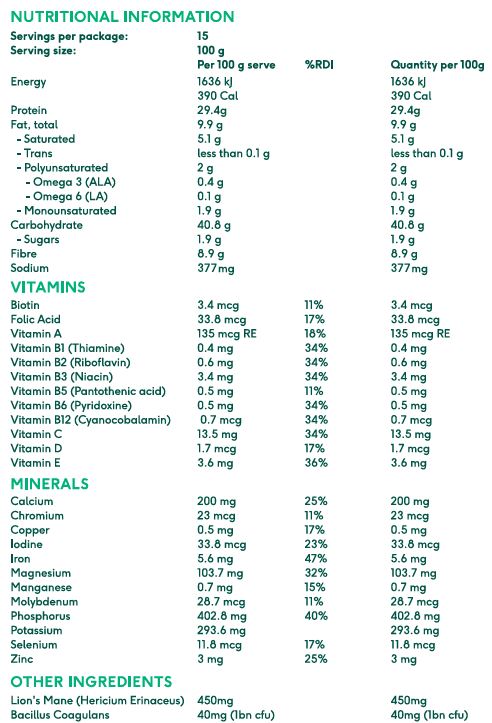 vybey plant based protein back of label chocolate and caramel