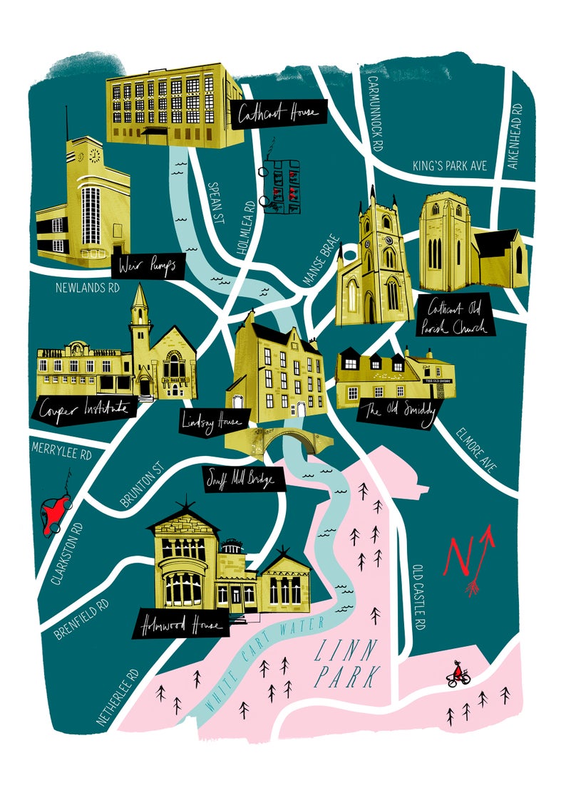 Linn Park Glasgow Map A3 Glasgow Map Print - Cathcart & Linn Park | Sunshine No.1