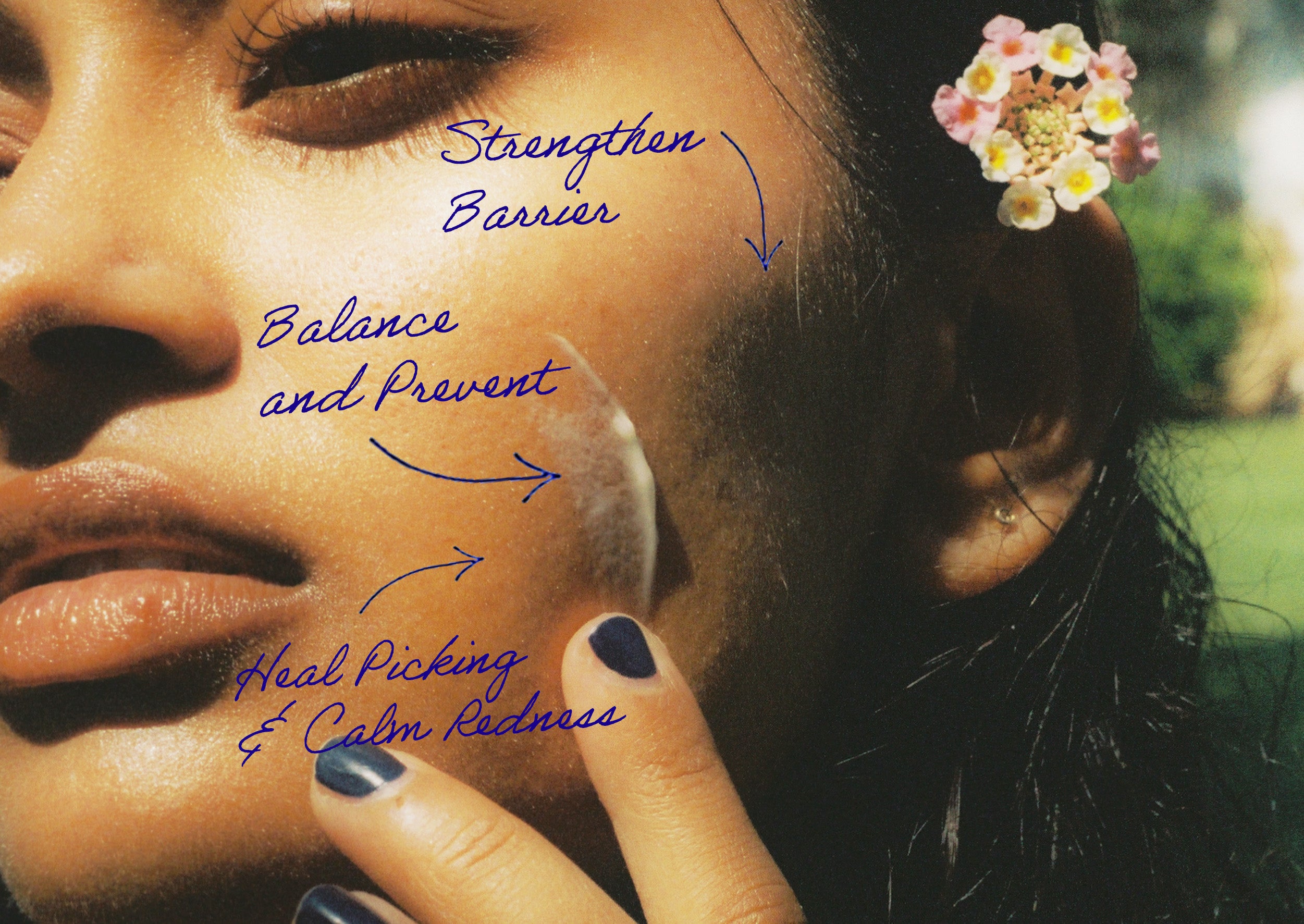 Close-up of a woman's face with annotated skincare notes and a flower in her hair.