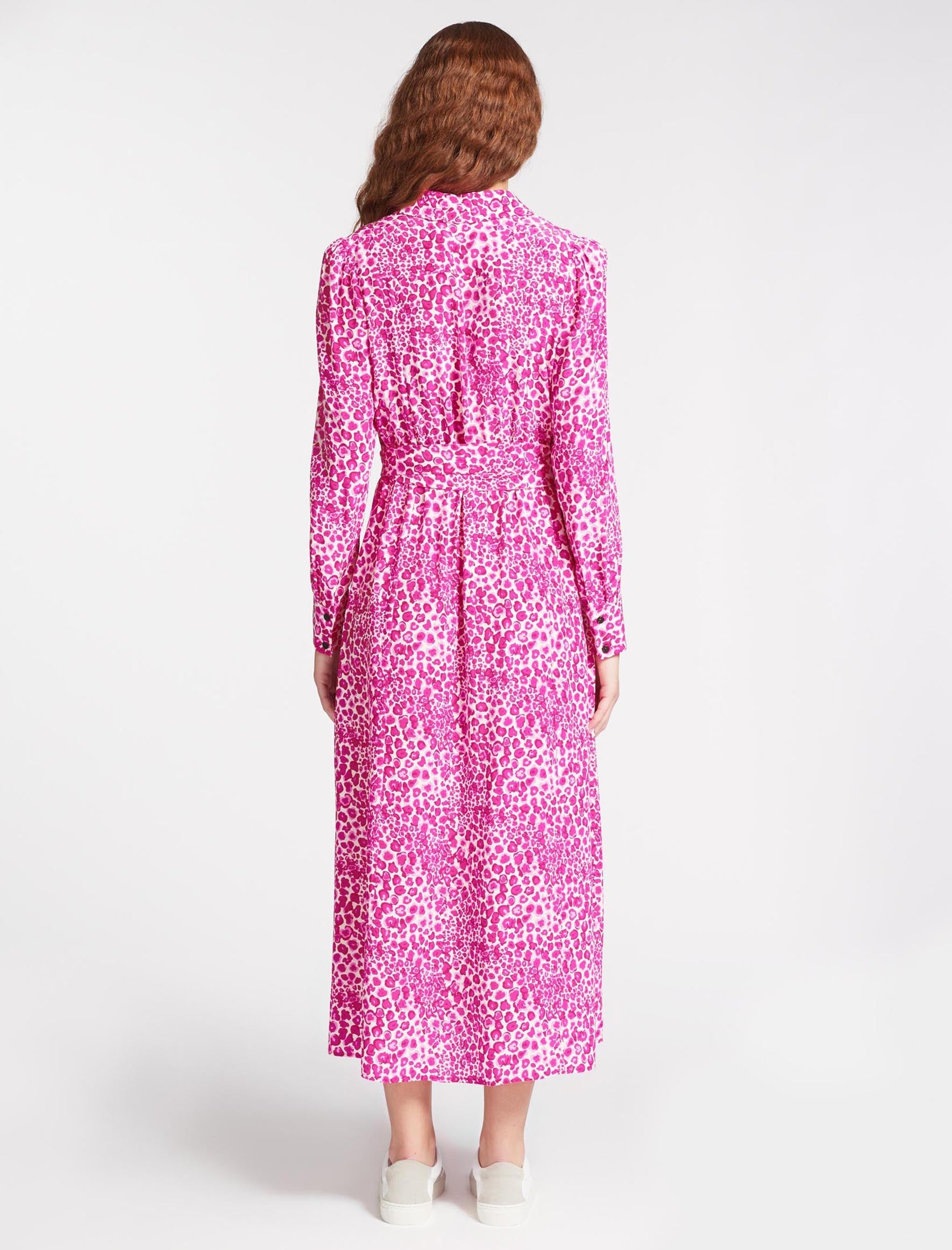 Petra Silk Maxi Shirt Dress - White Pink Leopard Pansy Print