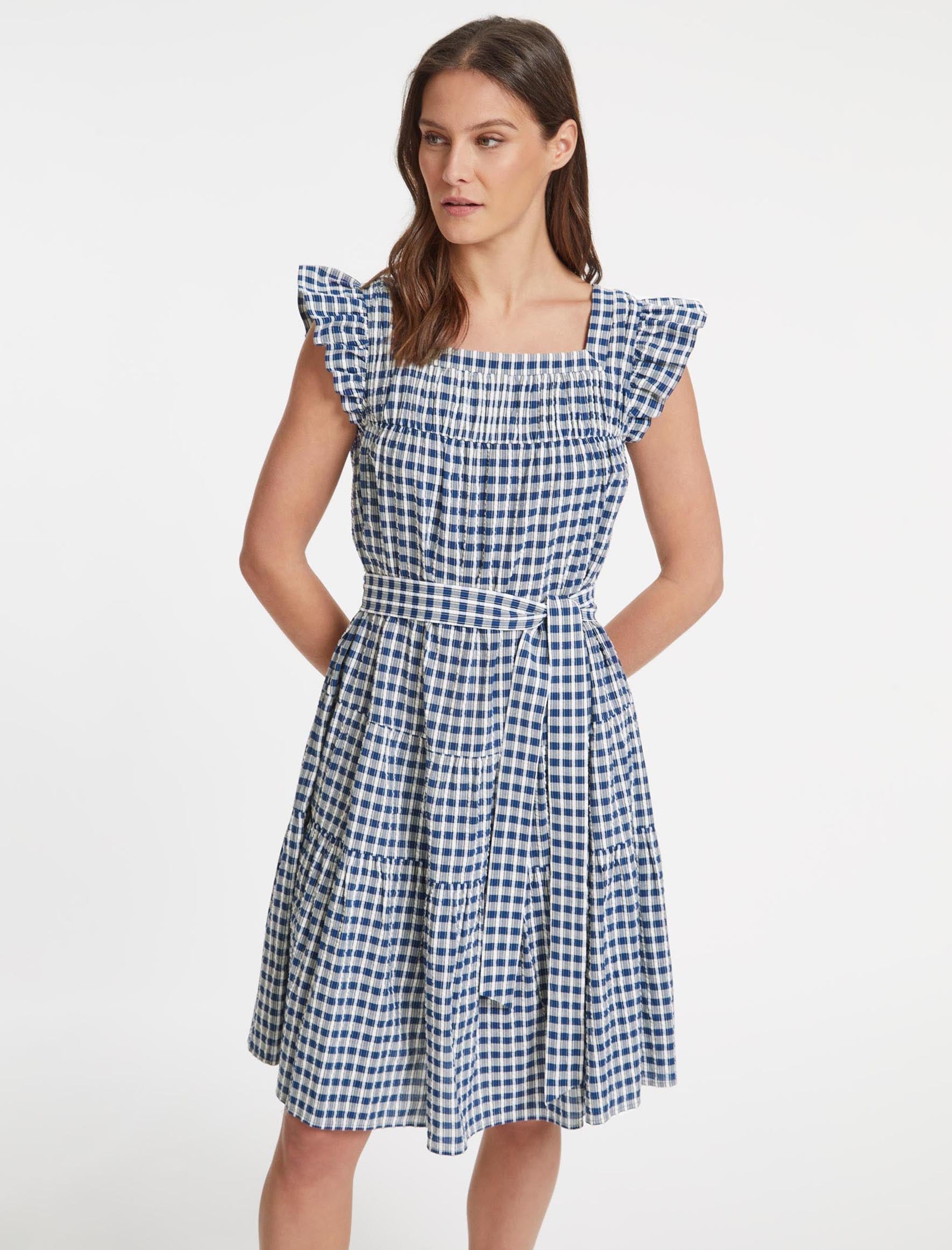 Maisie Organic Cotton Seersucker Midi Dress - Blue White Check