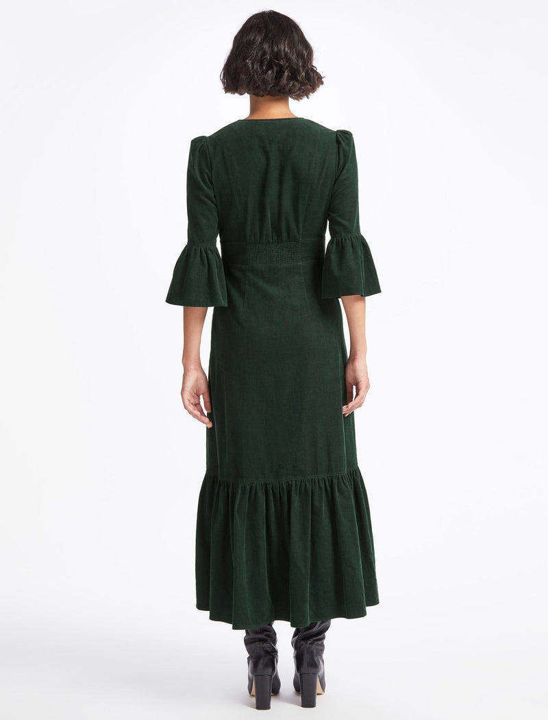 Daphne Pin Corduroy Round Neck Maxi Dress with 3/4 Length Gathered Sleeve - Forest Green