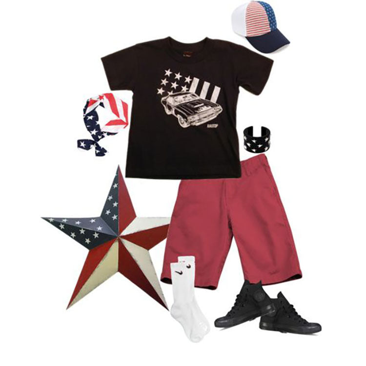 Boys Patriotic Outfit Compilation featuring a Muscle Car Tee