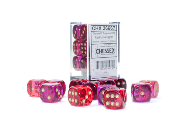 Gemini® 16mm d6 Translucent Red-Violet/gold Dice Block™ (12 dice) (Chessex) (26667)