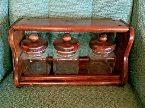 VTG GLASS CANISTER JAR SET WOOD LID SJL Anchor Hocking Flour sugar coffee  tea