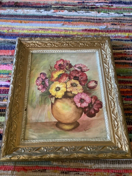Vtg antique gesso gold gilt frame Framed Print  Flowers floral vase still life