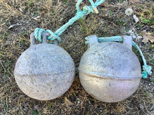 Vtg pair Antique Deep Sea metal zinc float buoy BELL with rope