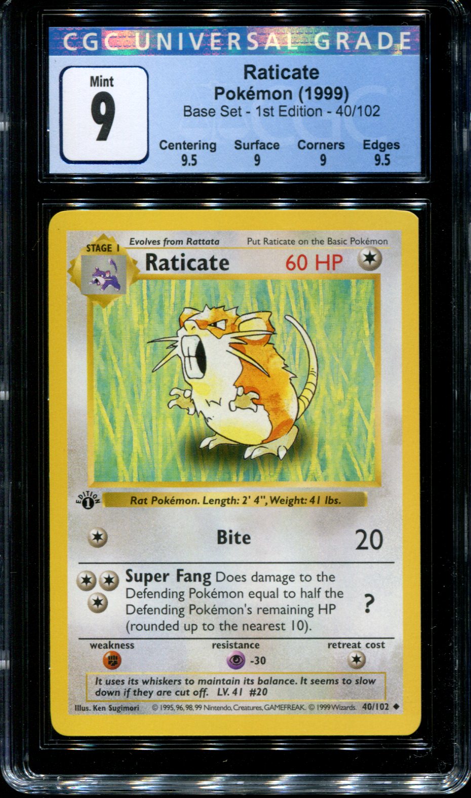 Raticate - 40/102 - CGC 9 Mint - Pokemon - 1st Edition Shadowless Base Set  - 10033