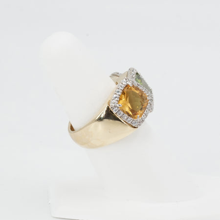 14K Gold Three Square Gemstones with Diamond Halos Ring Size 7.5