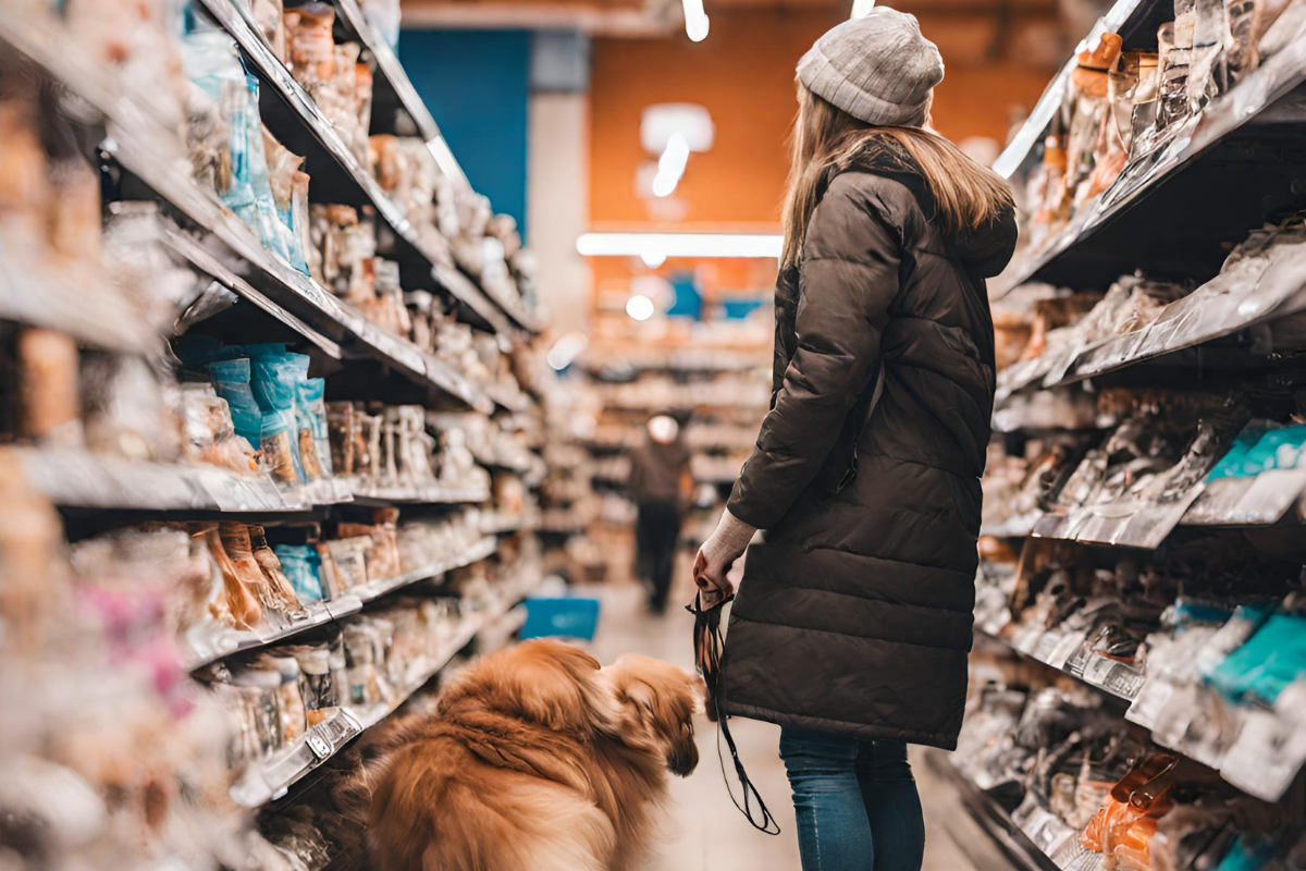 woman and dog in store seeking earth positive products
