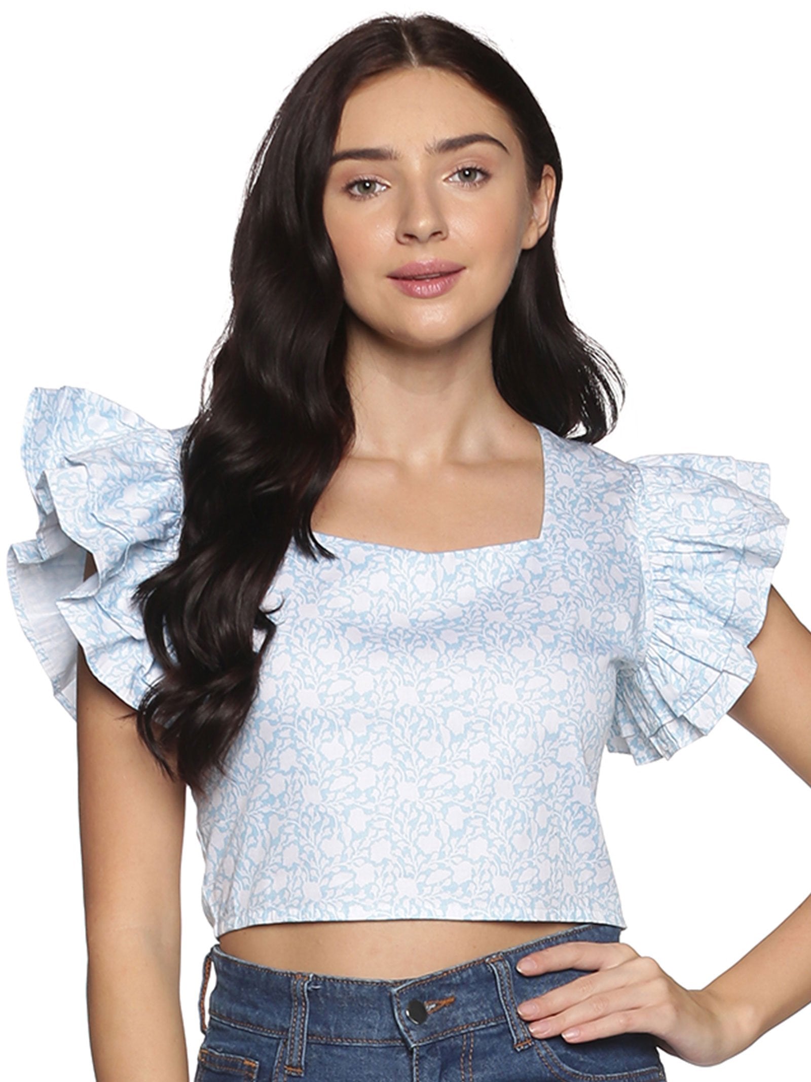 Delightful Disposition Blue Plaid Smocked Puff Sleeve Crop Top