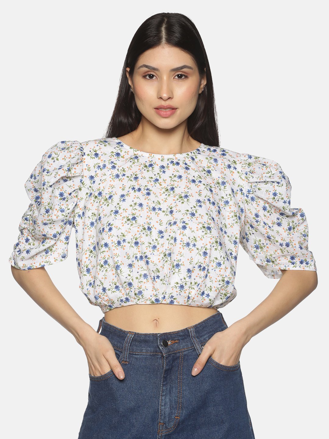 Brown Polyester Balloon Sleeve Relaxed Fit Top For Women In Floral