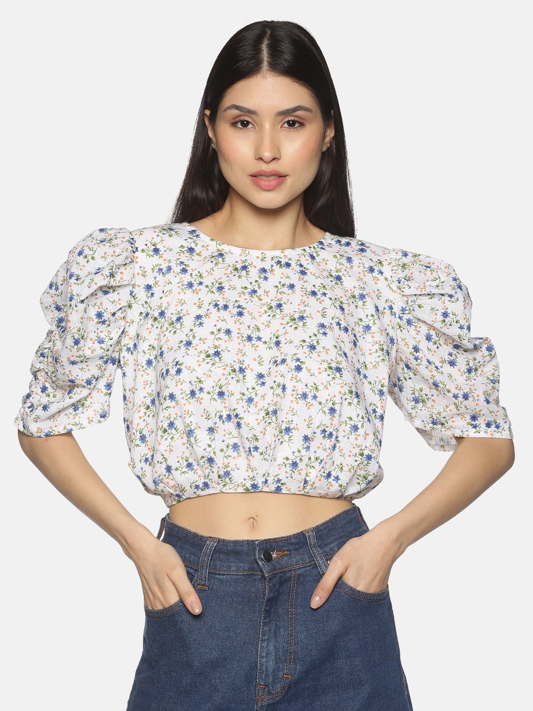 Puff Sleeves Abstract Printed Crop Top With Drawstring, DSTOP-SS22-155