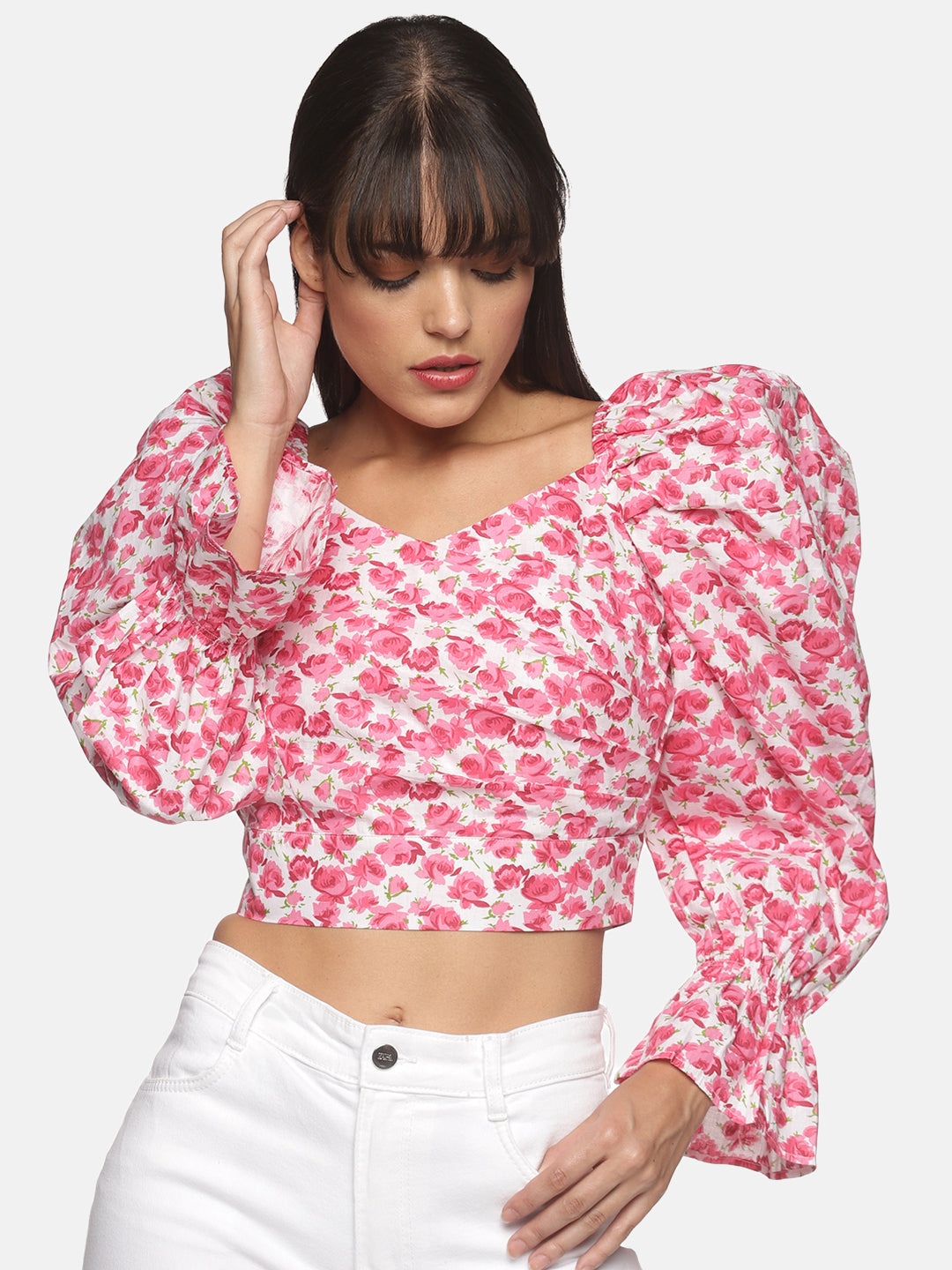 Pink Polyester Puff Sleeve Wrap Crop Top For Women In Floral Print