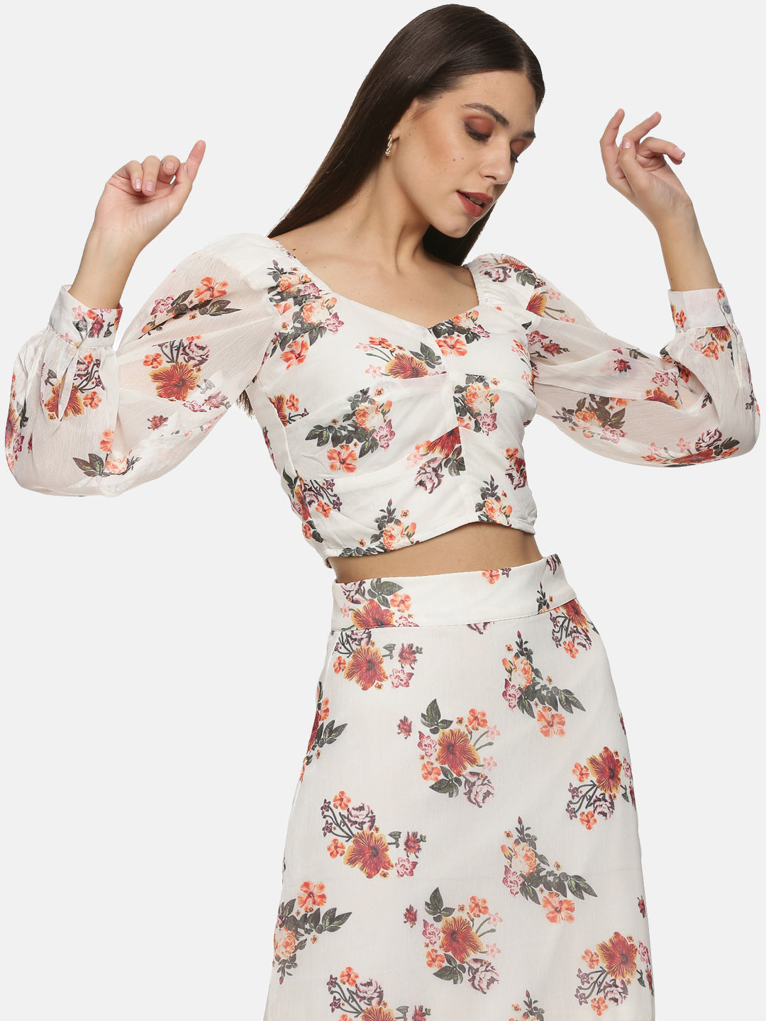 Pink Polyester Puff Sleeve Wrap Crop Top For Women In Floral Print