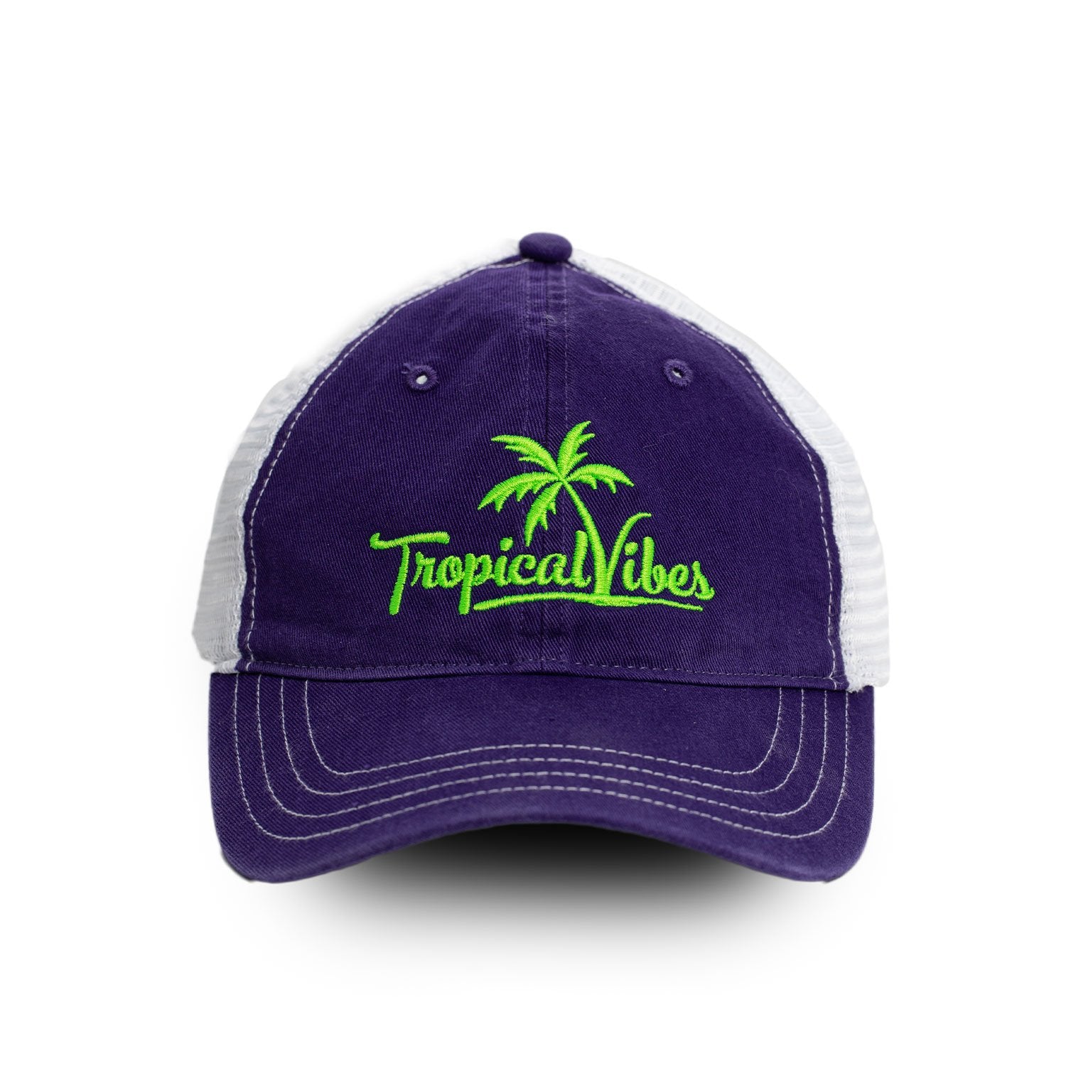 purple and lime green hat