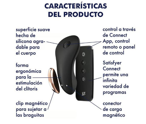 Esta imagen es un diagrama del Satisfyer Little Secret que destaca sus características más notables. Se aprecia el vibrador de color negro con acentos en cobre y el control remoto. Las características señaladas incluyen una superficie suave de silicona agradable al cuerpo, una forma ergonómica diseñada específicamente para la estimulación del clítoris, y un clip magnético para sujeción a la ropa interior. También menciona la compatibilidad con la aplicación Satisfyer Connect, la posibilidad de control remoto y la conexión magnética para cargar el dispositivo. El diseño es limpio y moderno, con líneas que conectan las descripciones textuales a las partes correspondientes del dispositivo.