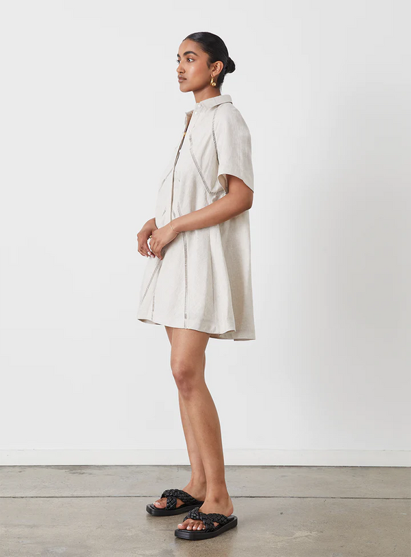 Palmier Linen Robe Mini Dress, Ivory/Sailor Red, Dresses