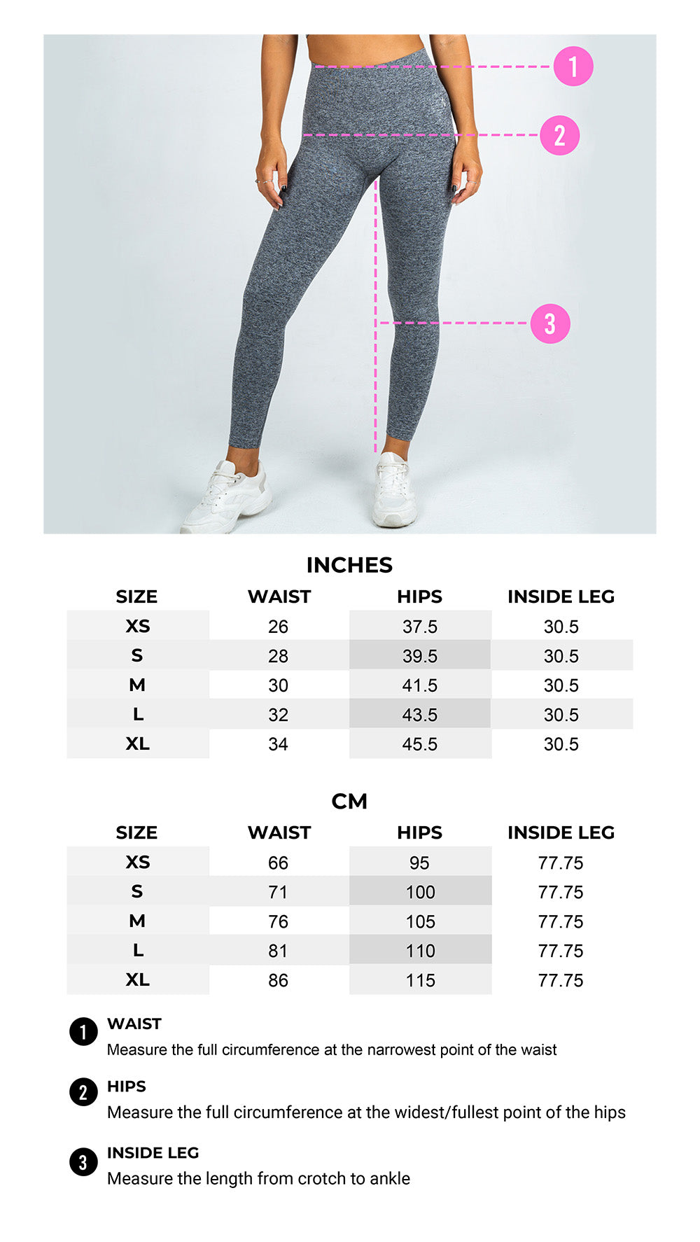 size guide bottoms activewear