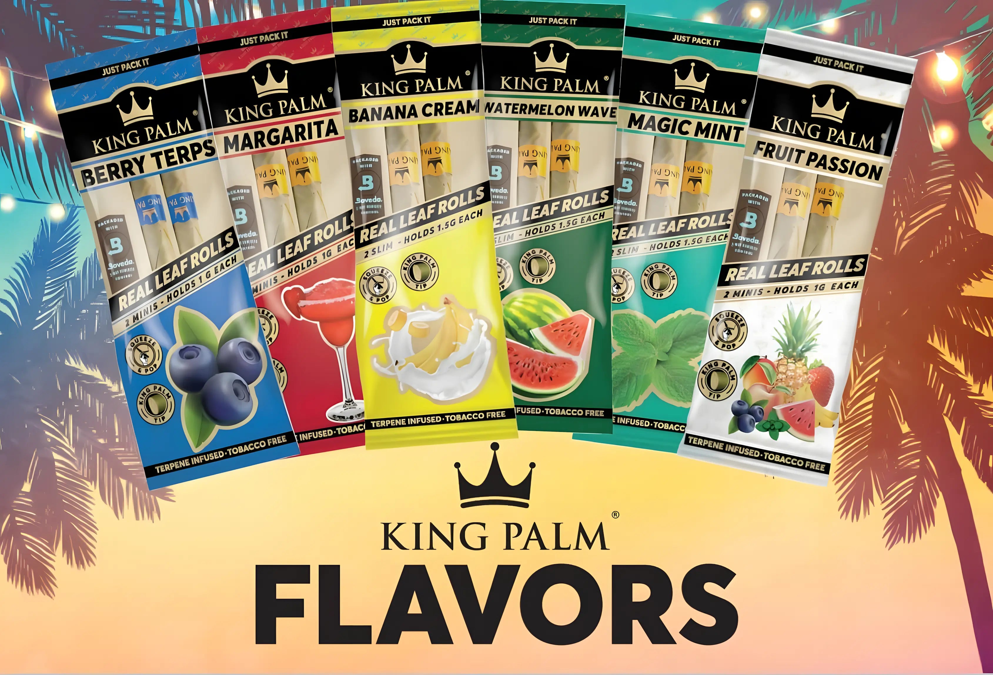 King palm flavoured Cordia leaf pre rolls in multi flavours, berry terps margarita banana cream watermelon wave magic min and fruit passion