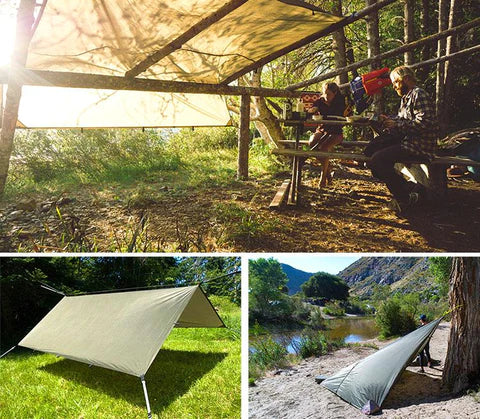 A collage of tarps, two people sitting on a bench under a AquaQuest Safari tarp in olive drab