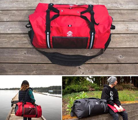A collage of red and black duffel bags, AquaQuest Waterproof White Water Duffel Bag.