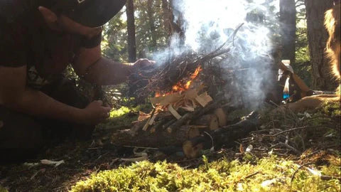 A bushcraft camp fire in the woods.
