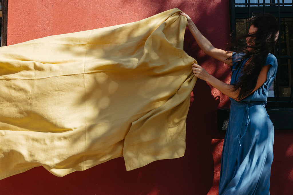 Australian made mustard yellow pure linen tablecloth by Palinopsia Ceramics