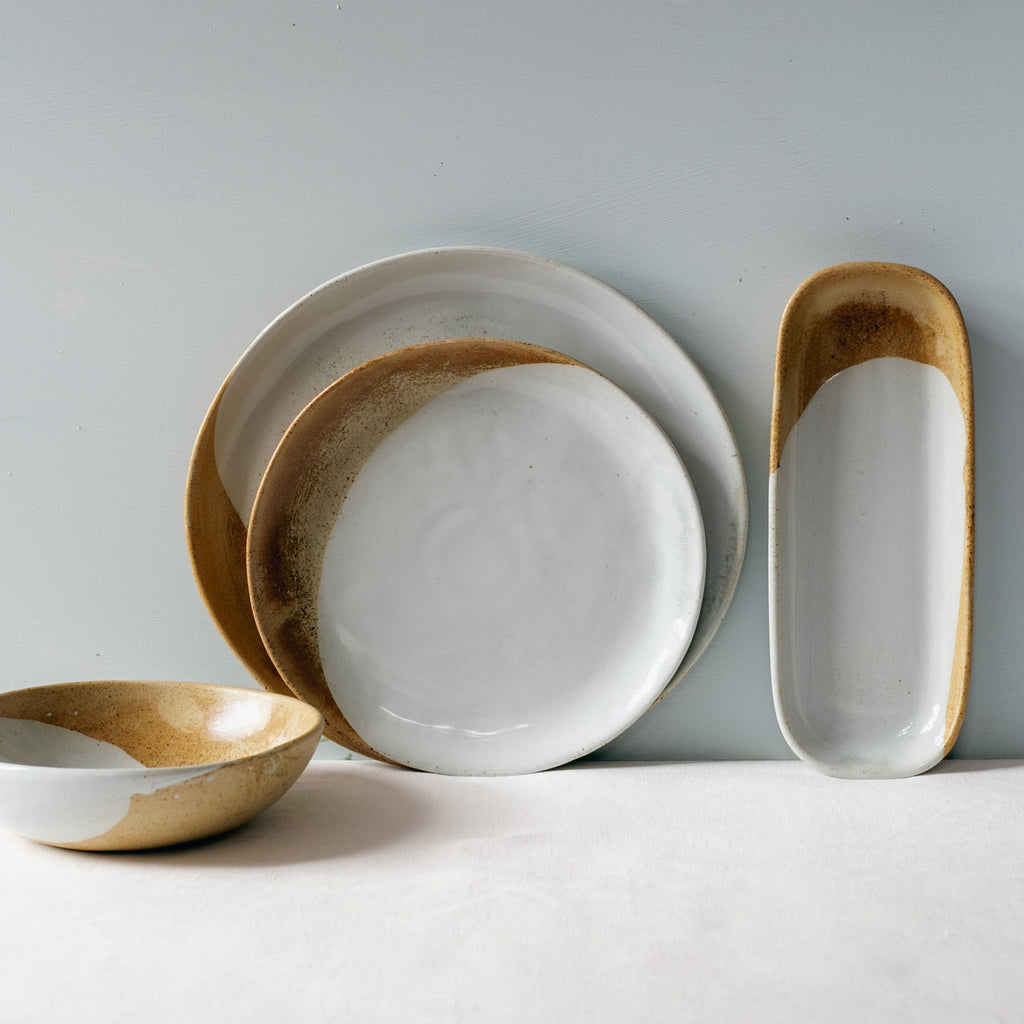 retro dinner set in brown and duck egg blue