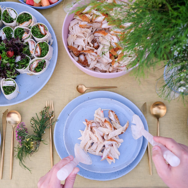 Soul Origin Pasta Salad with chicken schnitzel for summer catering ideas with Palinopsia Ceramics Maya dinnerware set