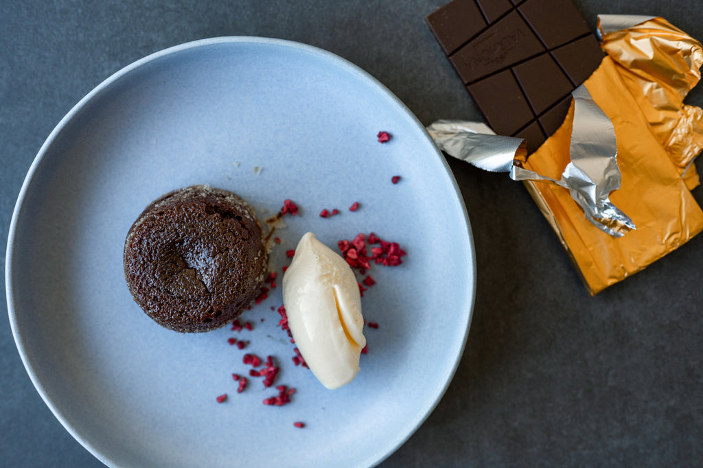 Chocolate fondant served in Palinopsia Blue Pasta Bowl