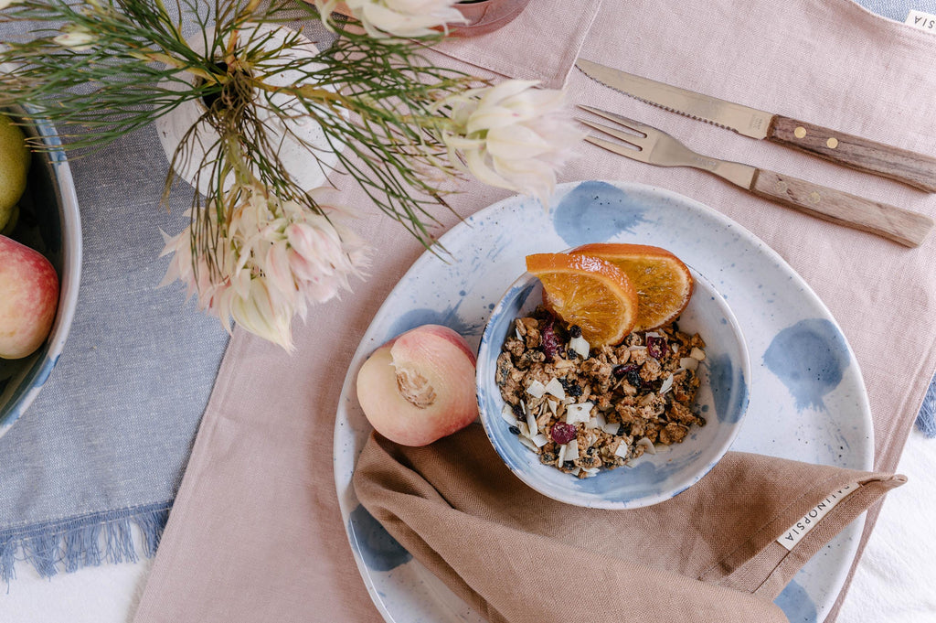 Cereal in a bowl with fresh fruit, served in Australian Dinnerware sets , blue and white plates and bowls handmade pottery ceramics Hamptons style.  