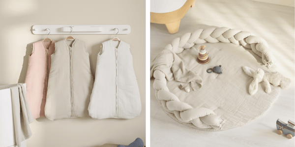 The image on the left shows the blush, sand and soft white colours of the sleeveless sleeping suits hanging up on a Hera hanging rail in a nursery. The image on the right shows the muslin play mat and braided pillow in sand being used together to create a cosy tummy time space.