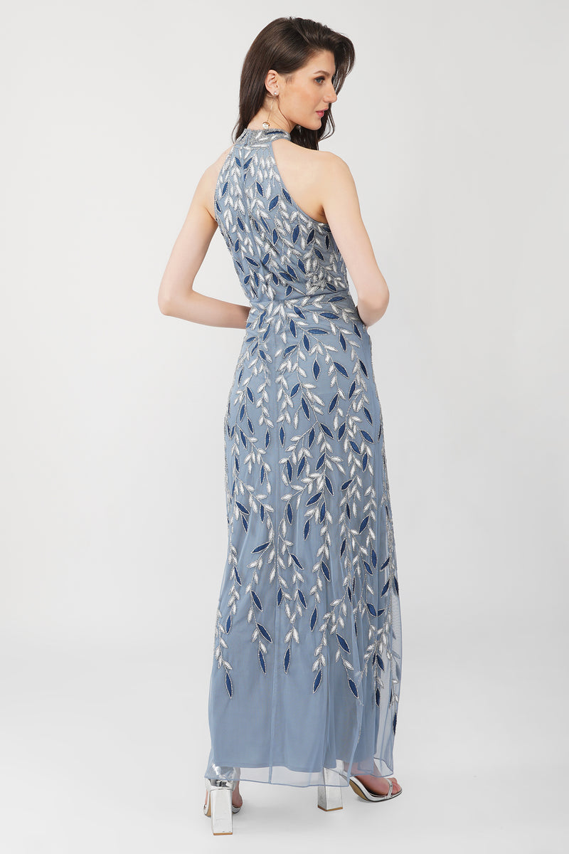 Arina Blue Embellished Maxi Dress – Lace & Beads