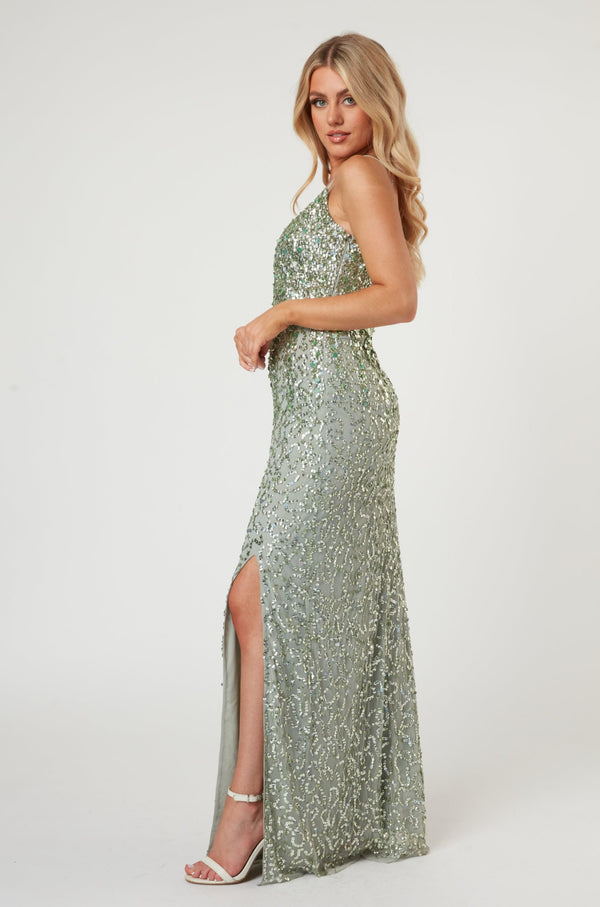 Sila Long Sleeve Embellished Maxi Dress in Emerald Green – Lace & Beads
